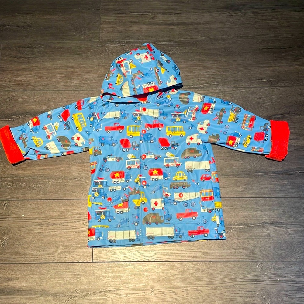 Hatley size 7 raincoat with vehicles